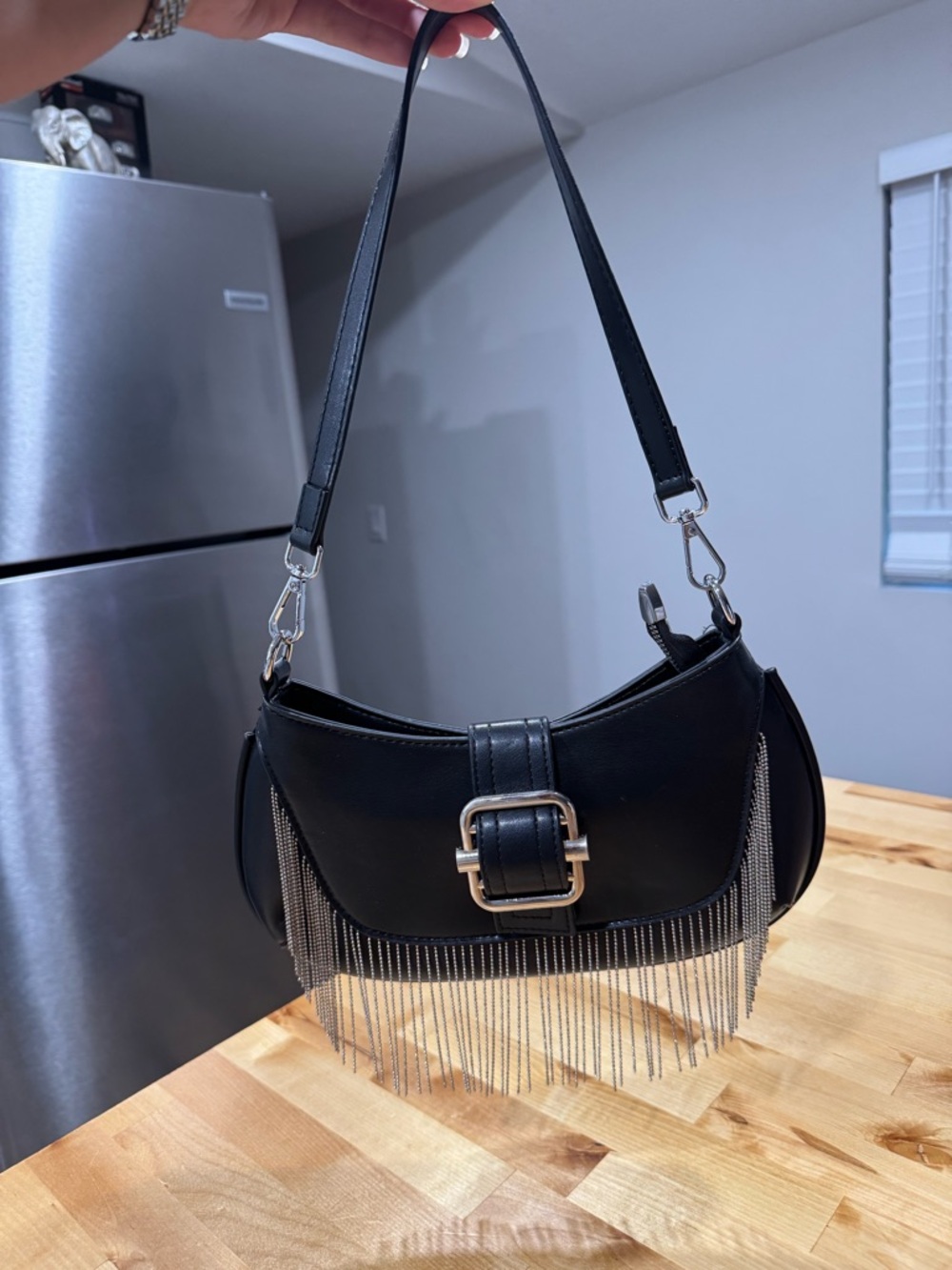 Black Fringe Chain Strap Shoulder Bag